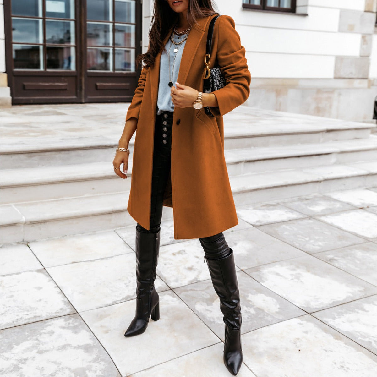 New autumn and winter women's solid color lapel mid length button down woolen coat jacket - Mammalook