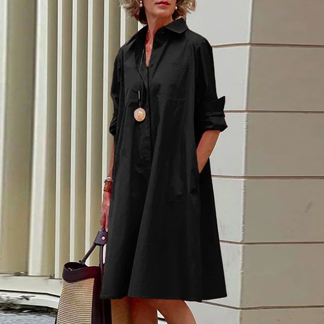 Shirt Dress - Casual Solid Color Long Sleeves with Turn-Down Collar - Mammalook