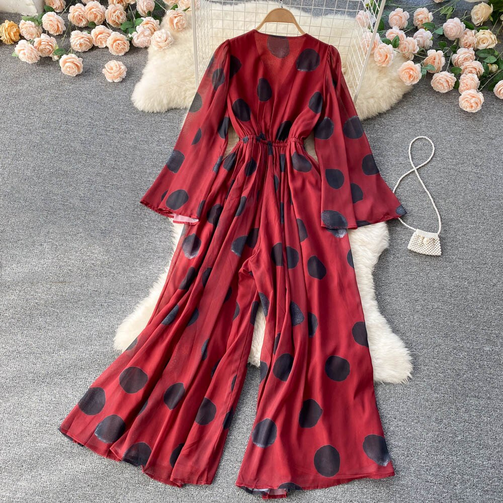 Tingfly Women France Chi Polka Dot Print Bohemian Casual Wide Leg Trousers Jumpsuits Chiffon Summer Boho Beach Style Overalls - Mammalook