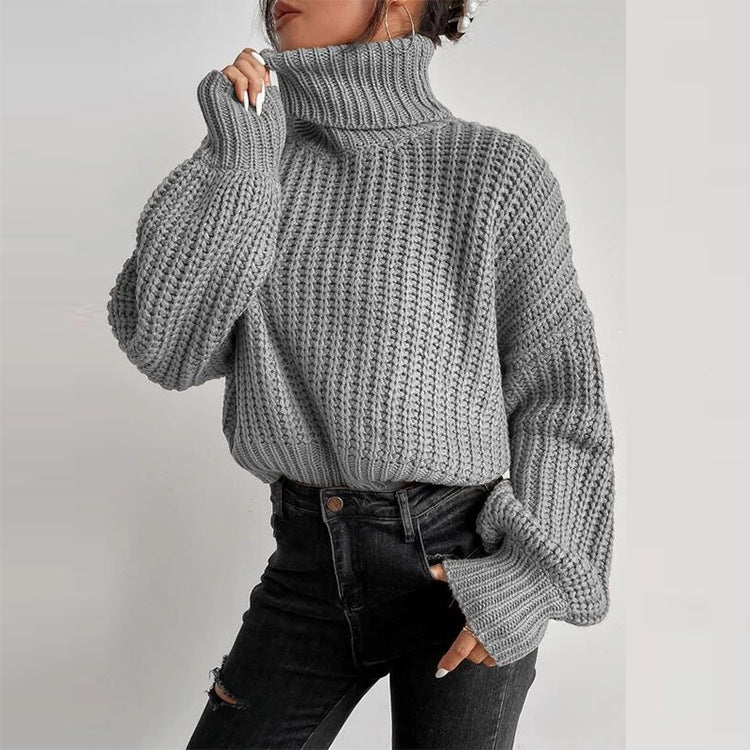 Fall Shoulder Long Sleeve Knitted Turtleneck Sweater for Women - Mammalook