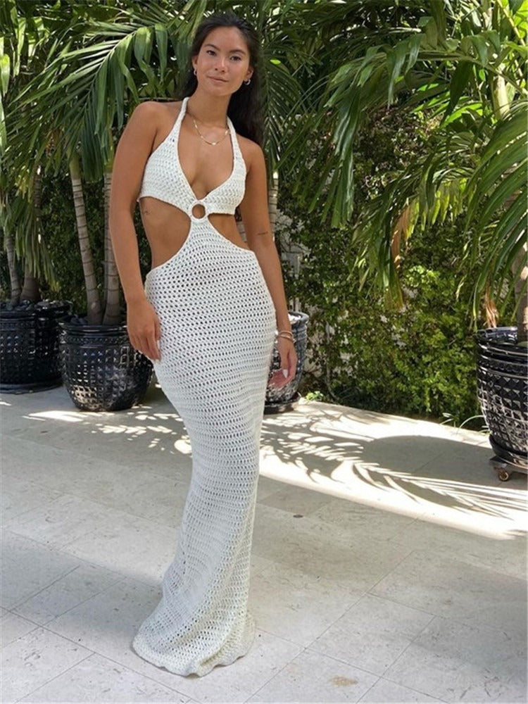 Knitted Halter Backless Dress – Beachwear with Cutout Design