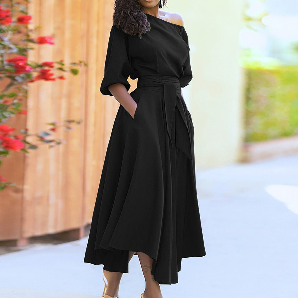 Fashionable solid color waistband slimming and sexy diagonal shoulder dress - Mammalook