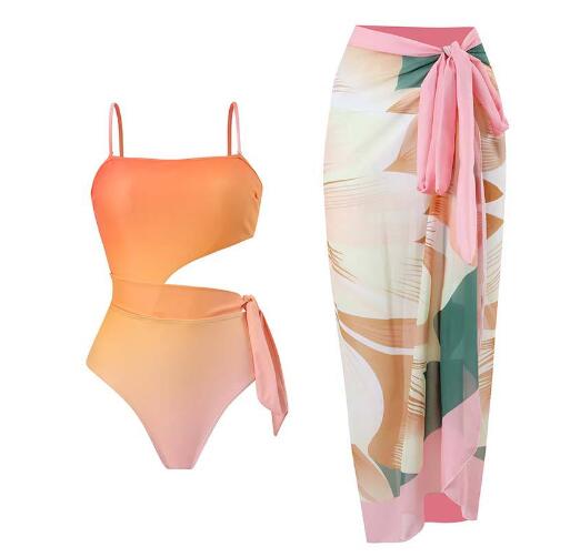 Gradient Print Fashion Swimsuit Set Cover Up Biquini Naranja Swimwear With Skirt Patchwork Women's Bandage Summer Beach - Mammalook