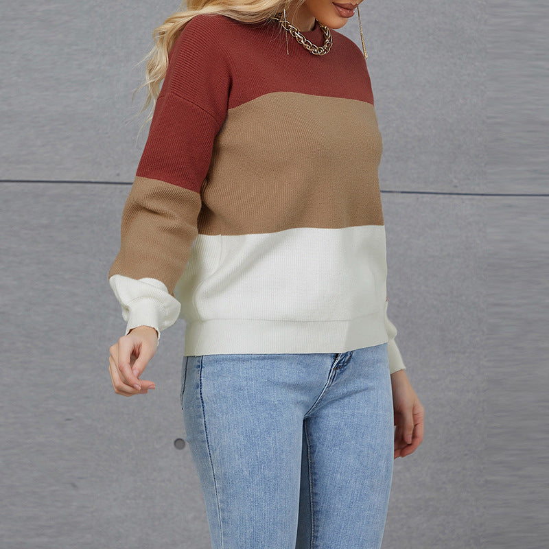 Autumn Women's New Fashion Color Contrast Splice Slim Round Neck Long Sleeve Slim Knitted Sweater - Mammalook