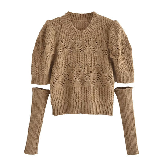 Bubble Sleeve Pullover Sweater Women's Short Polyester Round Neck - Mammalook