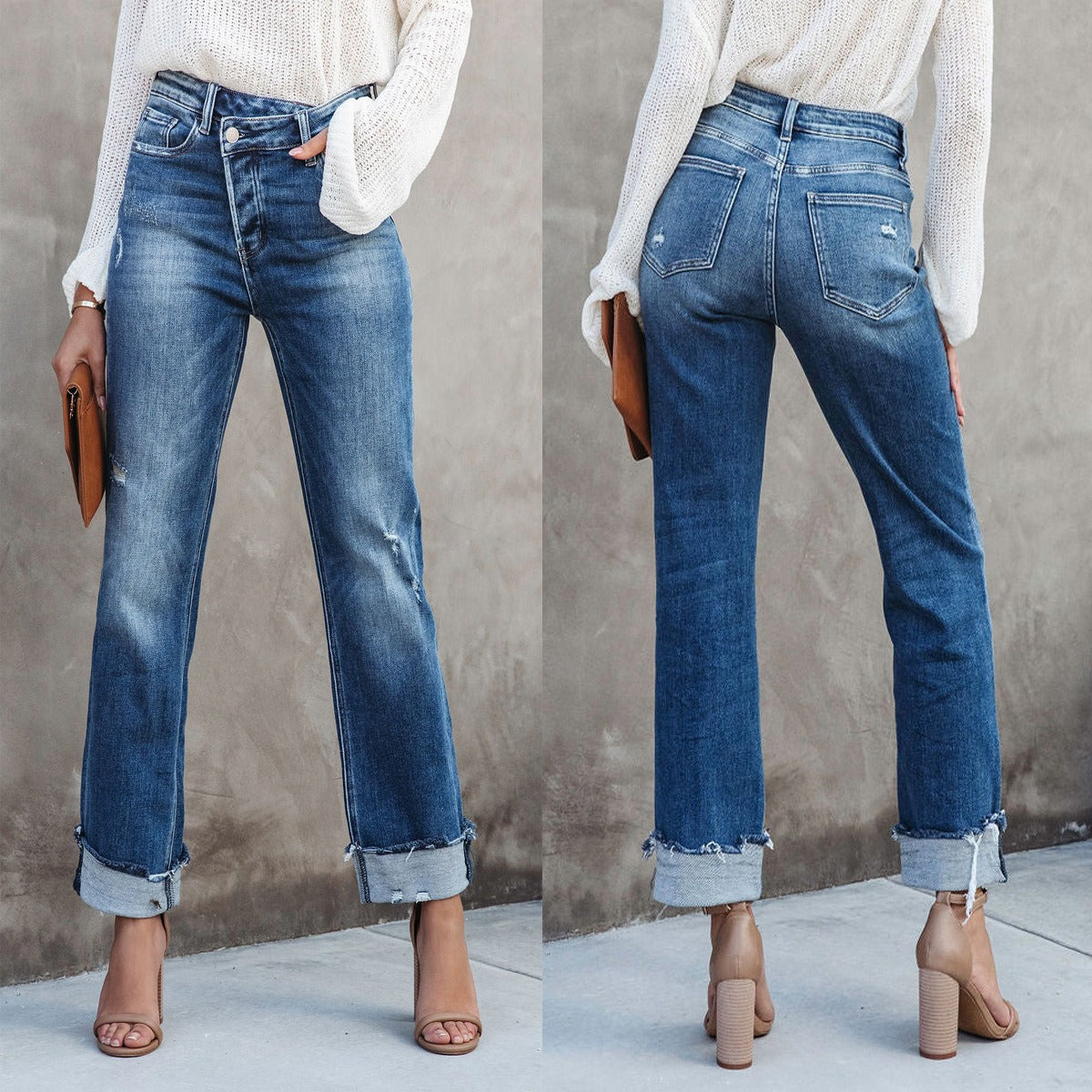 High Waist Button Splicing Straight Jeans Women Fashion Urban Casual Commuter Denim Pants Ladies Broken Holes Trousers Washable - Mammalook