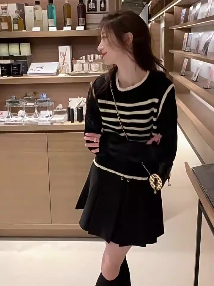 Shirt patchwork pullover sweater for women's autumn and winter vacation two-piece loose knit top, stylish lantern sleeves, versatile sweater - Mammalook