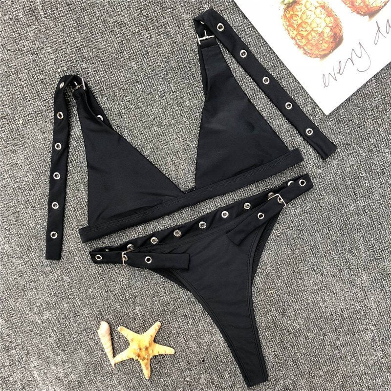 Strap Lace Buckle Bikini Swimsuit Women Padded Swimwear Sexy Plunge Neck Thong Bikini High Waist Biquini Monokini Bathing Suit - Mammalook