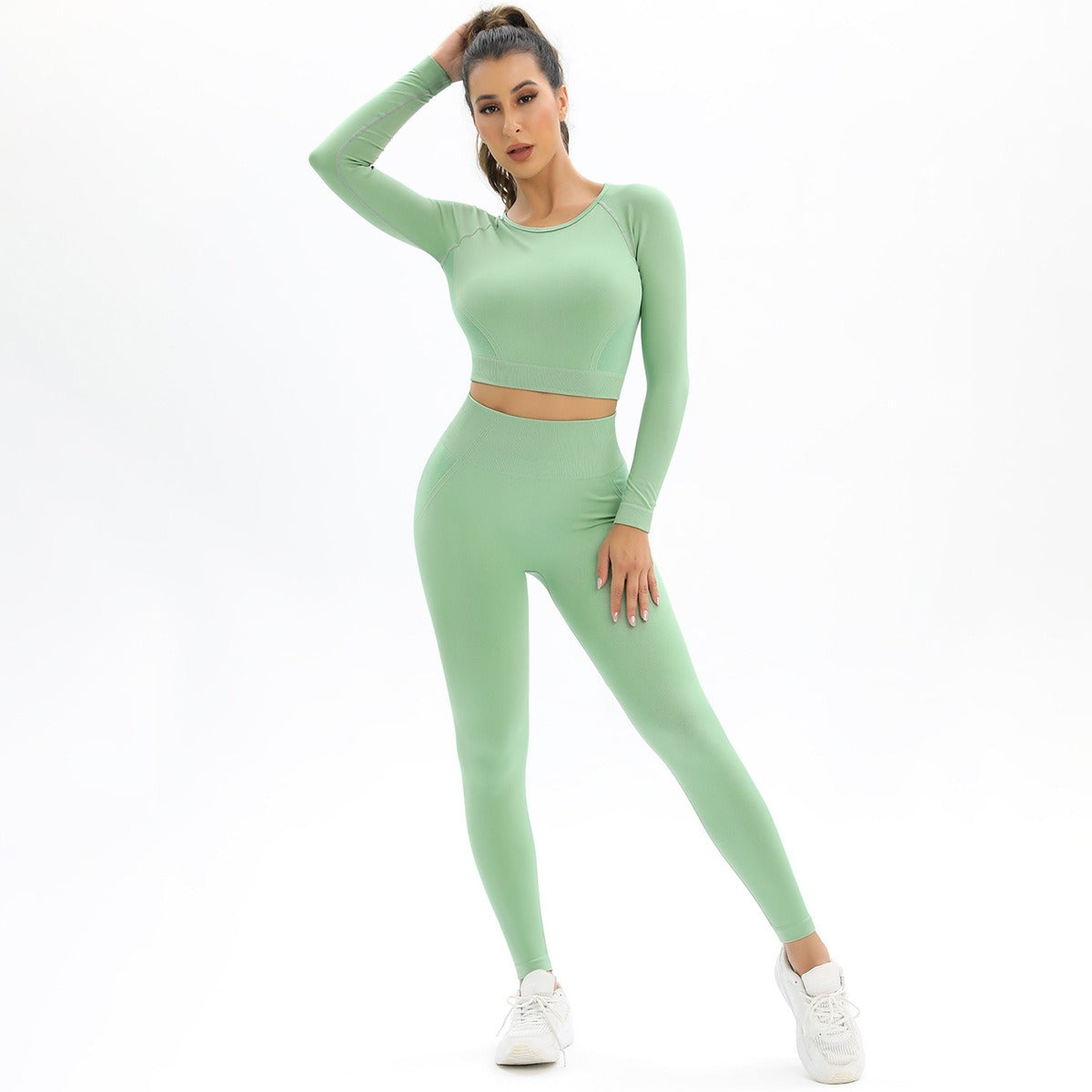 Peach Seamless Knitting Backless High Elastic Long Sleeve Yoga Suit Sports Running Fitness Two-Piece Set For Women - Mammalook