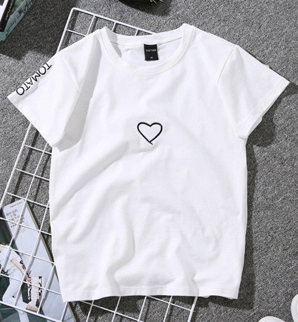 Summer Couples Lovers T-Shirt For Women Casual White Tops Tshirt Women T Shirt Love Heart Embroidery Print T-Shirt Female - Mammalook