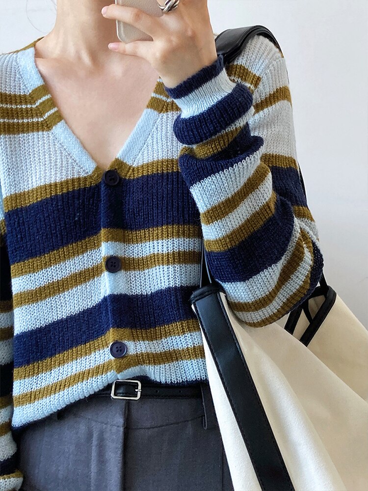 Blue Striped Thin Knitting Cardigan Sweater Loose Fit V-Neck Long Sleeve Women New Fashion Trend Autumn Winter - Mammalook