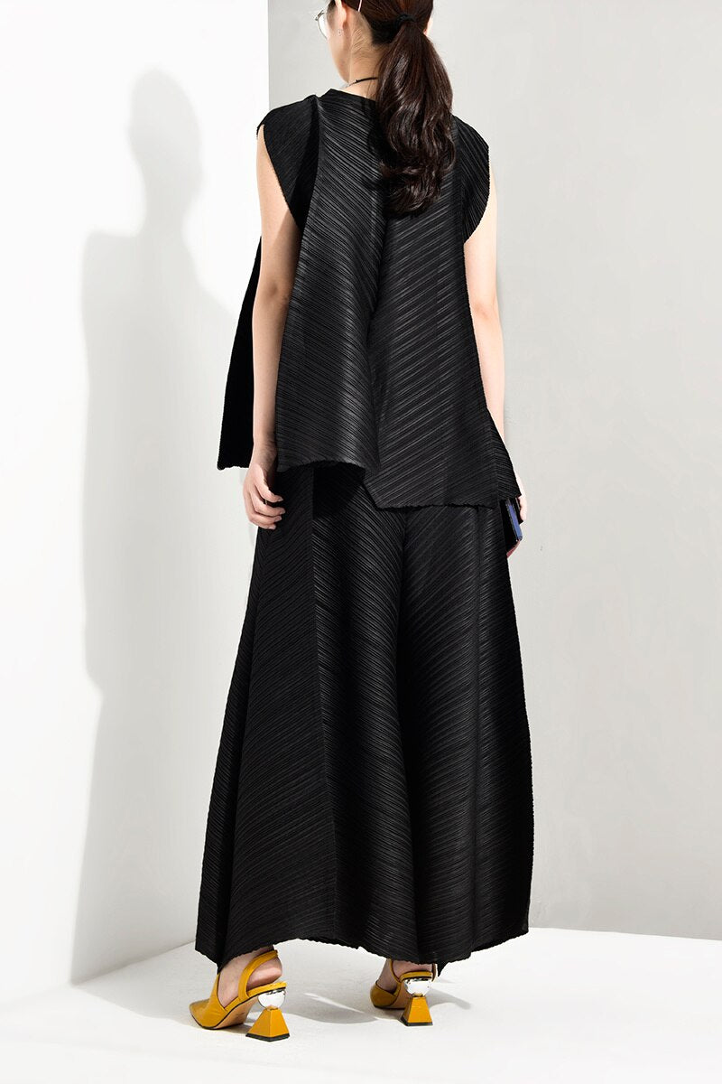 Summer New Temperament Women Loose Casual Pleated Sleeveless Vest Loose Wide Leg Pants Sets Female Fashion - Mammalook