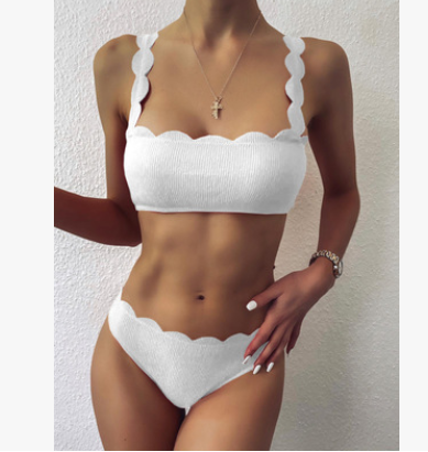 Swimsuits Scalloped Edge Swimwear Women Black Bandeau Bathing Suit Women Solid Biquini Beach Wear - Mammalook