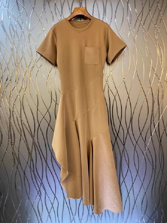 Newest Fashion Summer Dress 2024 High Quality Ladies Chest Pocket Patchwork Short Sleeve Sexy Asymmetrical Style Dress Casual - Mammalook