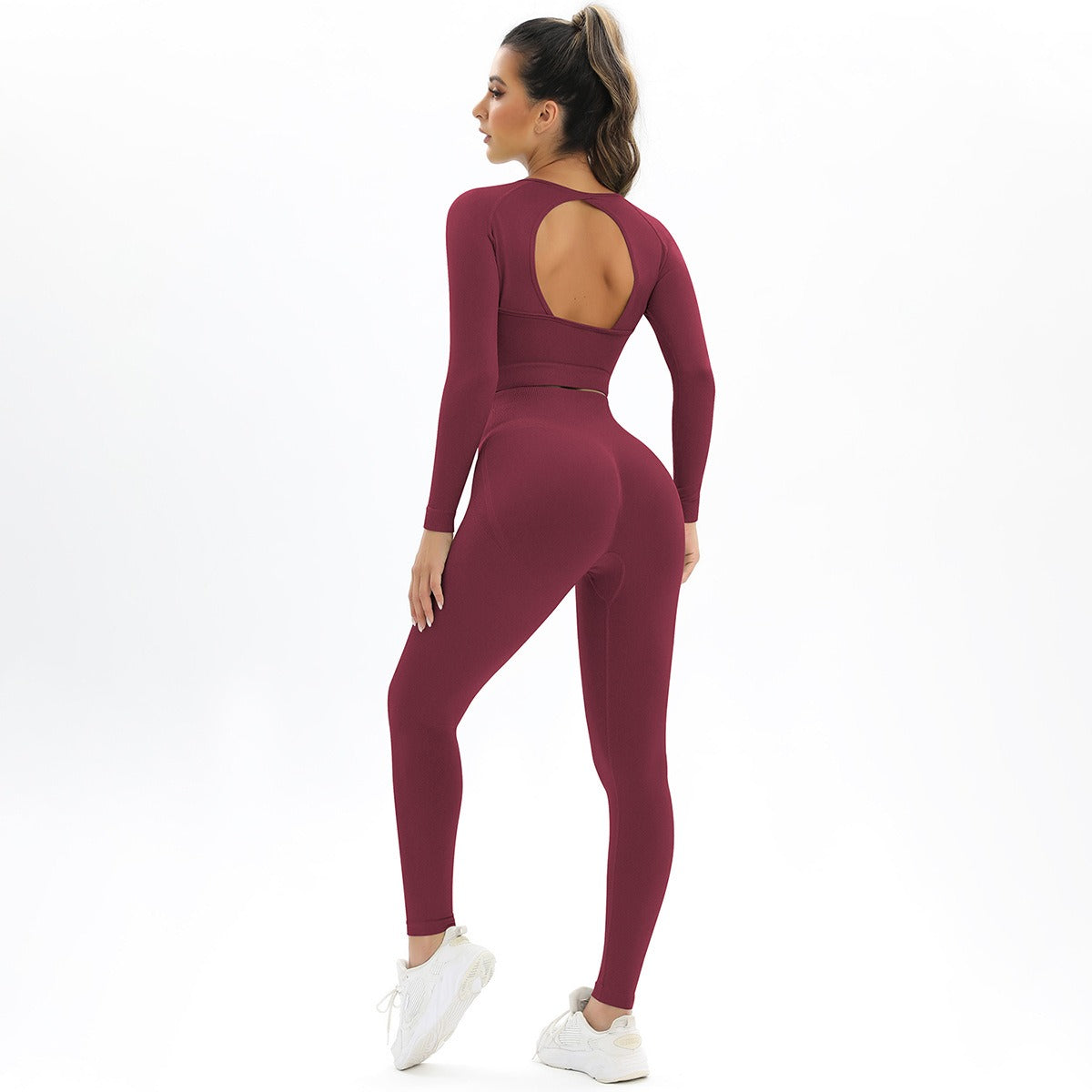 Peach Seamless Knitting Backless High Elastic Long Sleeve Yoga Suit Sports Running Fitness Two-Piece Set For Women - Mammalook
