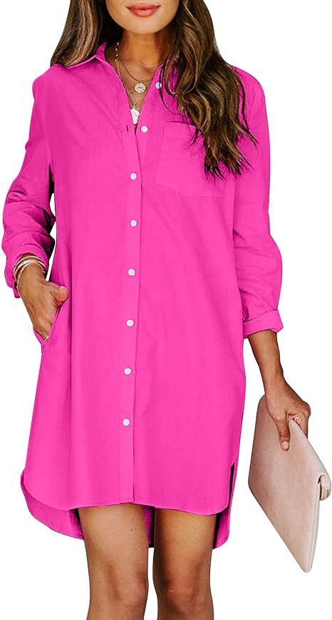 Women's button up shirt dress with pockets, cotton button up waist tied long sleeved solid color high and low shirt - Mammalook