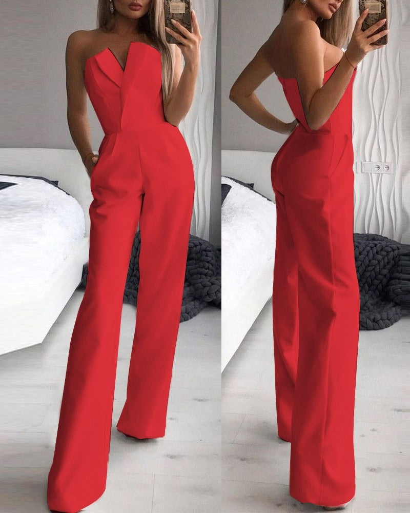 Jumpsuit with slanted collar and mid waist for a stylish commuting jumpsuit - Mammalook