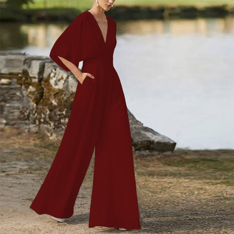 Jumpsuit deep V-high waist wide leg long pants women's dress - Mammalook