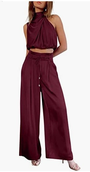 Two-piece set - sleeveless collar exposed top, wide leg pants