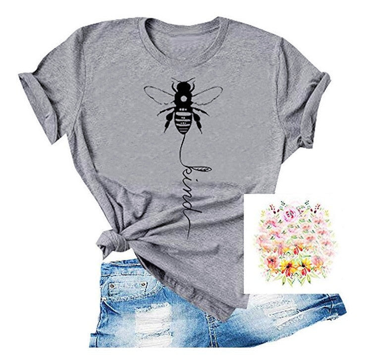 Cotton T Shirt Bee Kind Print Women Short Sleeve O Neck Loose Tshirt Summer Tee Shirt Tops - Mammalook
