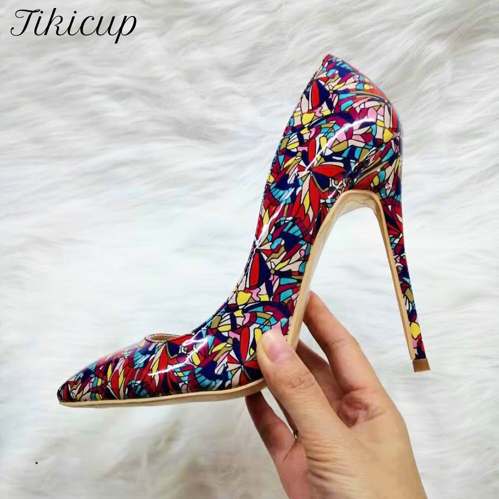 Tikicup Black Graphic Printed Women Pointy Toe High Heel Shoes Ladies Slip On Stiletto Pumps Plus Size 43 44 45 8cm 10cm 12cm - Mammalook