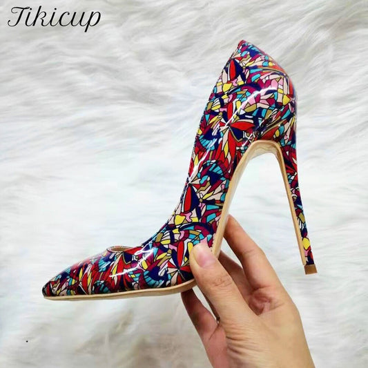 Tikicup Black Graphic Printed Women Pointy Toe High Heel Shoes Ladies Slip On Stiletto Pumps Plus Size 43 44 45 8cm 10cm 12cm - Mammalook