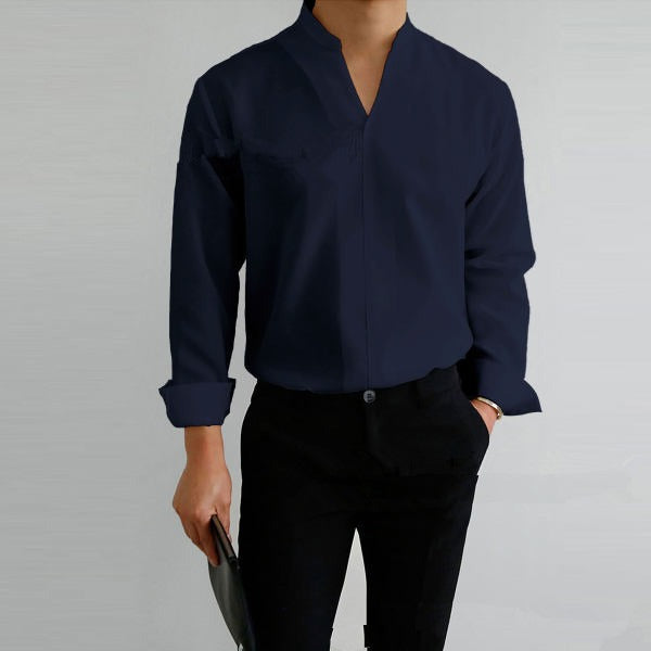 Shirt Men's Standing Collar Solid Color Fit Men's Shirt All Seasons - Mammalook