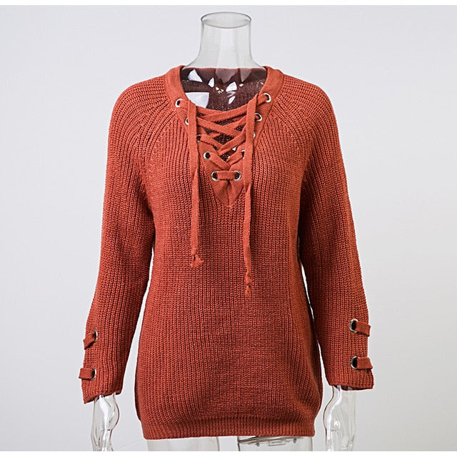 Conmoto Solid White Casual Sweater Lace Up Women Sweater Long Sleeve Autumn Winter Sweater Street Fashion - Mammalook