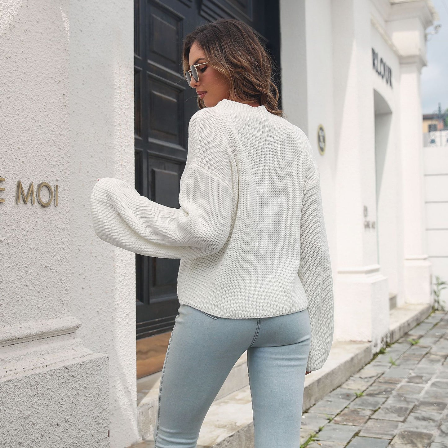 Lantern Sleeve Loose Half Turtleneck Sweater Women Autumn and Winter Drop Shoulder Long Sleeve Knit Sweater - Mammalook