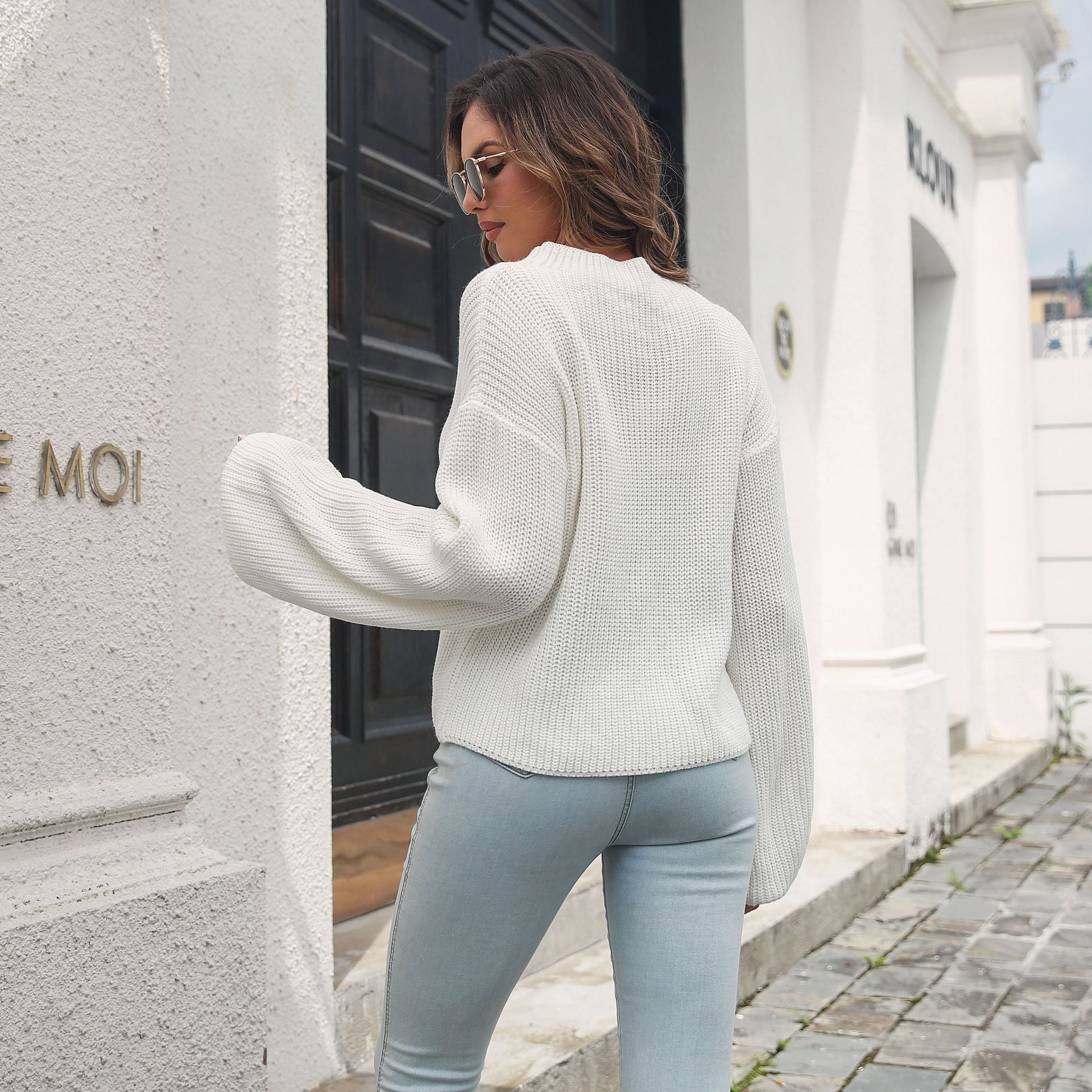Lantern Sleeve Loose Half Turtleneck Sweater Women Autumn and Winter Drop Shoulder Long Sleeve Knit Sweater - Mammalook