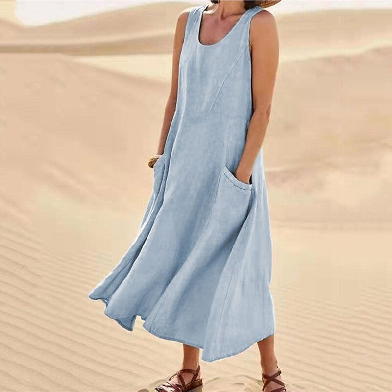 Pocket sleeveless round neck women's cotton and linen dress - Mammalook