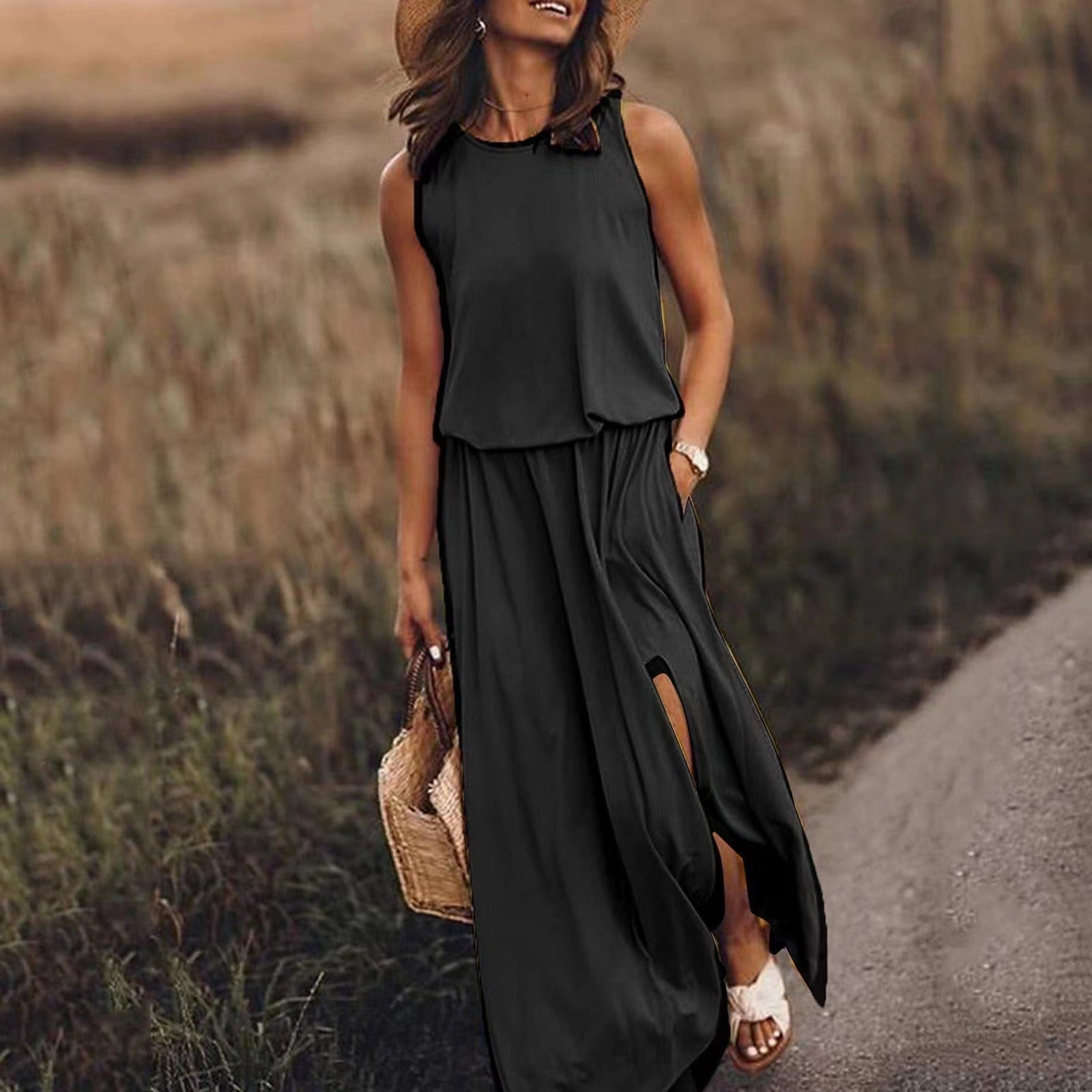 Solid color round neck sleeveless suspender lantern split dress - Mammalook