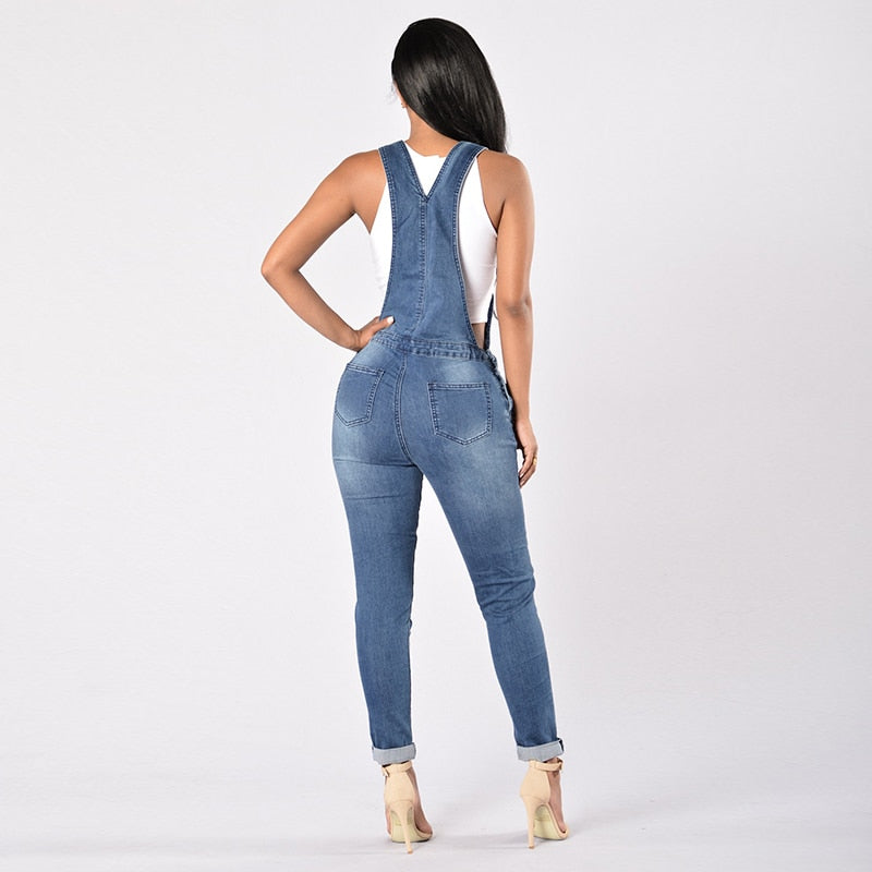 Women Overalls Cool Denim Jumpsuit Ripped Holes Casual Jeans Sleeveless Jumpsuits - Mammalook
