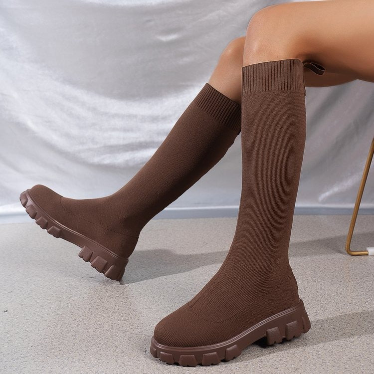 Large size woven mid length socks and boots for women in autumn and winter, European and American fashion new round toe thick heel woolen boots - Mammalook