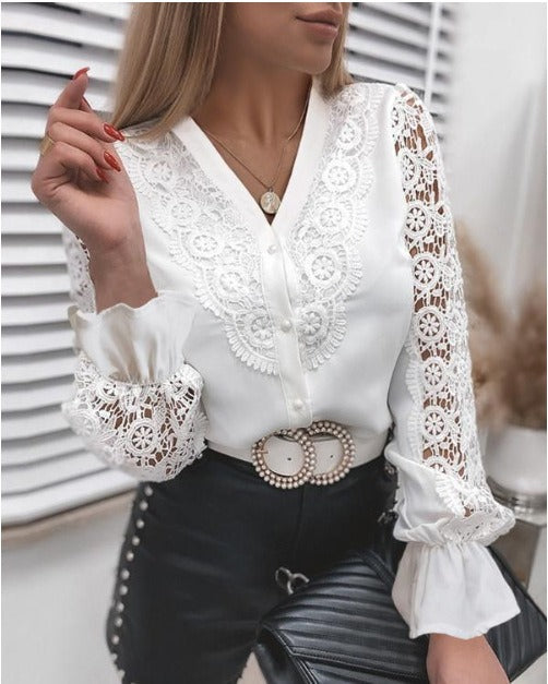 White Lace Long Sleeved V Neck Shirt