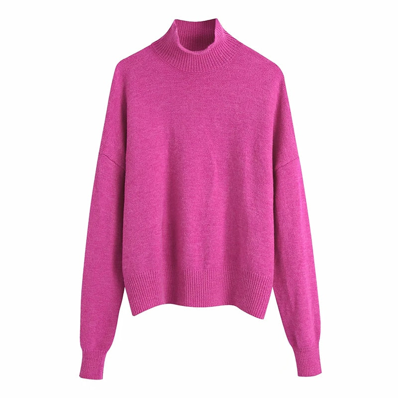 Women Fashion Solid Knit Sweater Top Long Sleeves High Neck Vintage Female Knitted Sweaters Pullover Chic Tops - Mammalook