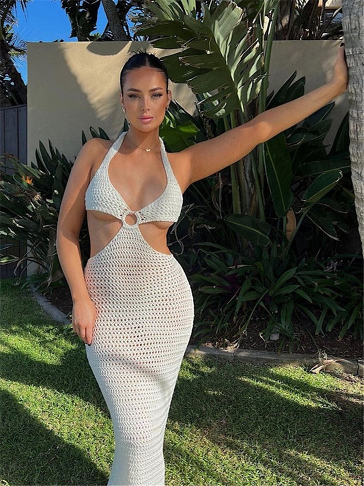 Knitted Halter Backless Dress – Beachwear with Cutout Design