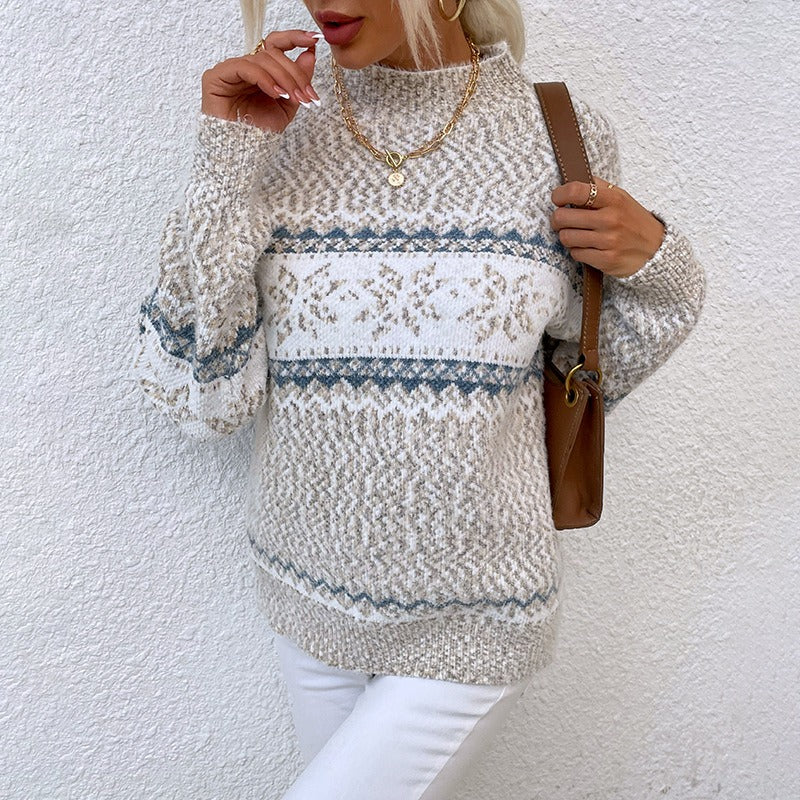Christmas Knitwear Autumn And Winter New Semi High Collar Snowflake Sweater Women - Mammalook