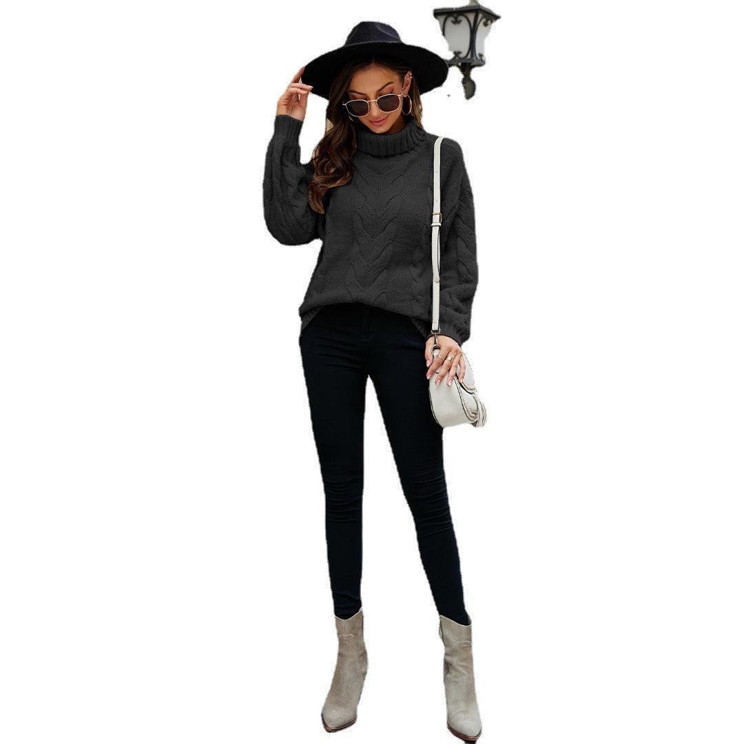 Winter Women's Horn Sleeve Sleeve Sleeved Sweater Europe and America Large Size High Neck Fried Dough Twists Sweater - Mammalook