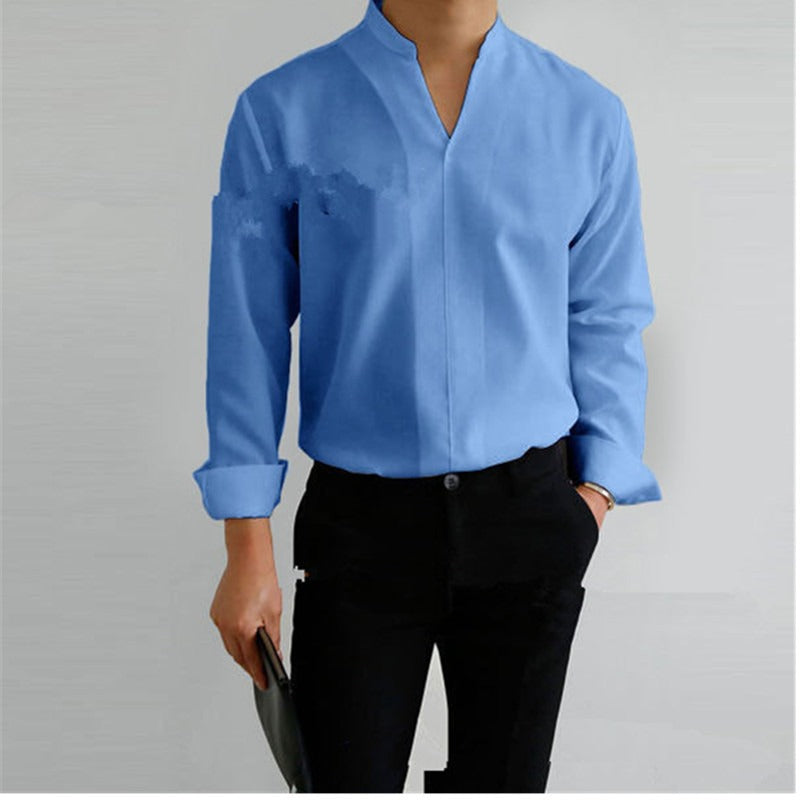 Shirt Men's Standing Collar Solid Color Fit Men's Shirt All Seasons - Mammalook