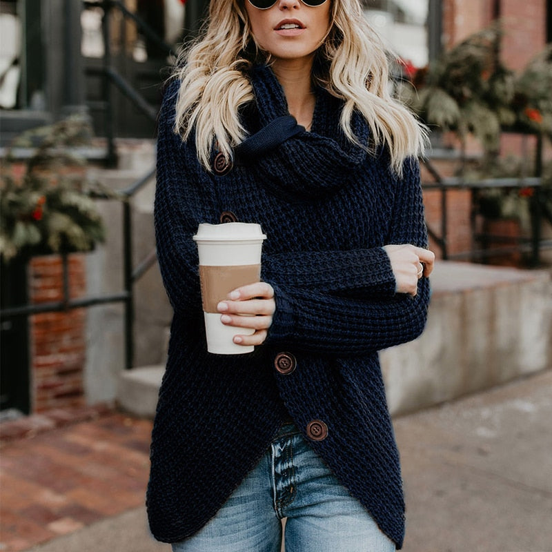Women Turtleneck Knitted Sweaters Autumn Winter Solid Irregular Hem Long Sleeve Pullover Jumper Fashion Button Loose Sweater - Mammalook