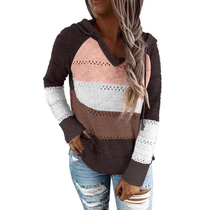 Autumn Winter Sweaters Women Hollow Long Sleeve Sweater Hoodie Tops V Neck Patchwork Casual Knitted Elegant Pullover Jumper - Mammalook