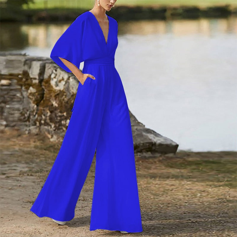 Jumpsuit deep V-high waist wide leg long pants women's dress - Mammalook