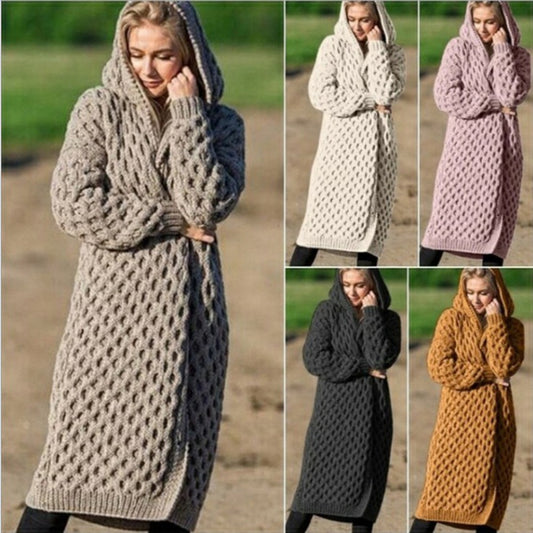 New Solid Color Women's Long Knitted Sweater Hooded Cardigan Coat - Mammalook