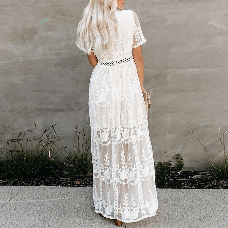 Boho Lace Maxi Dress – White V-Neck Summer Gown