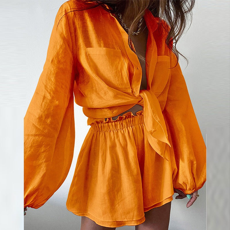 Casual ruffled edge shorts & shirt set