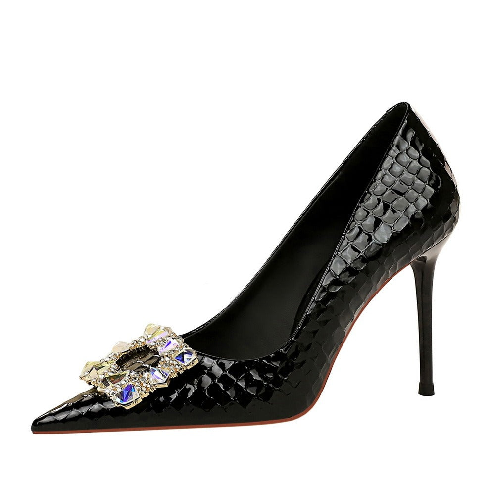 Banquet high heels thin women shoes stiletto super high heel shallow mouth pointed metal rhinestone buckle single shoes - Mammalook