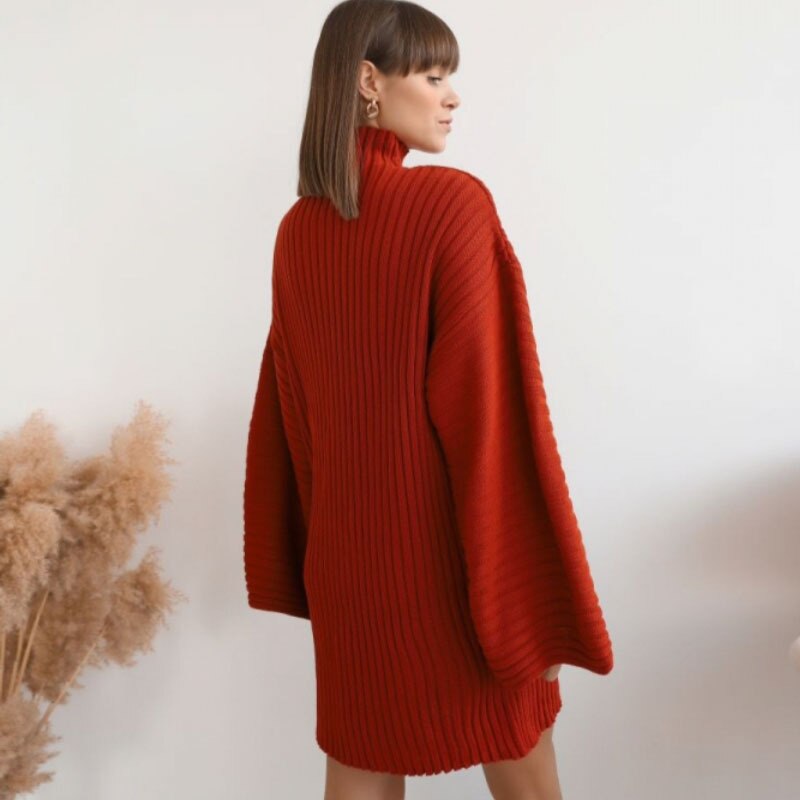 Turtleneck Knitted Women's Sweaters Pullover Solid Casual Loose Flare Sleeve Elegant Dresses For Female Winter Ladies Dress - Mammalook