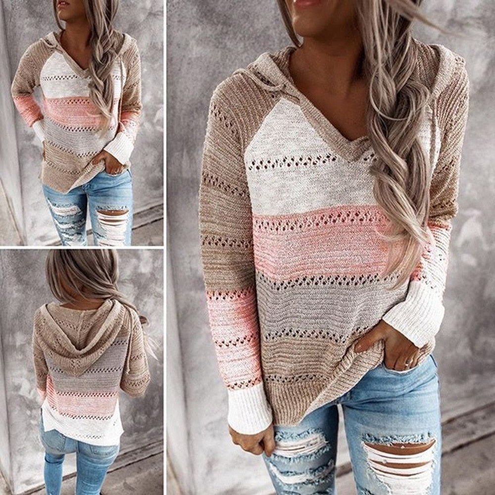 Autumn Winter Sweaters Women Hollow Long Sleeve Sweater Hoodie Tops V Neck Patchwork Casual Knitted Elegant Pullover Jumper - Mammalook
