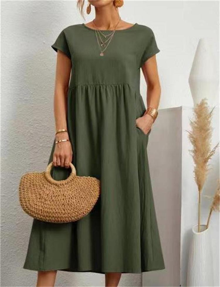 Solid color sleeveless loose pocket cotton linen dress - Mammalook